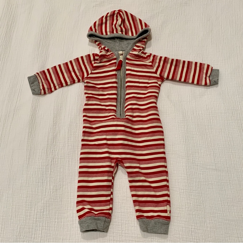 Burt’s Bees Baby Hooded Holiday Jumpsuit | Christmas Red and Cream Stripe | 3-6m